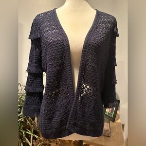 Chico's Navy Tiered Fringe Sleeve Cardigan Navy 100% Cotton Crochet Size Medium